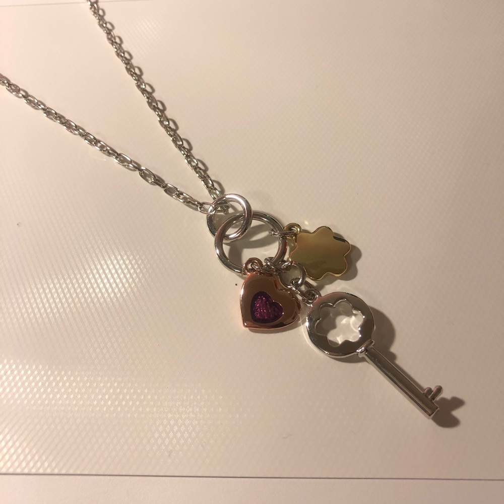 Mix tones Key, Heart and Flower Necklace